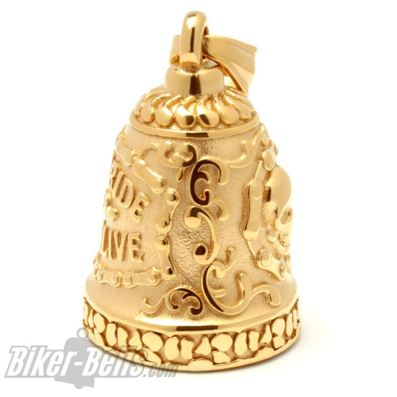 Goldene "Live To Ride" Biker-Bell mit Totenkopf aus Edelstahl Ride Bell Geschenk